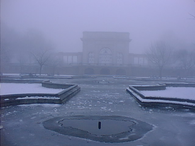 A view of the frozen water behind the war memorial  the fountains were switched off just before I took the photo