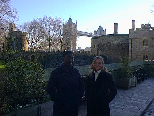 Anna and Lisa, infront of the Bloody Tower with the Tower Bridge in the background.